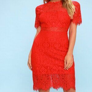 Lulus Remarkable Red Lace Dress Above The Knee Length Women's XS